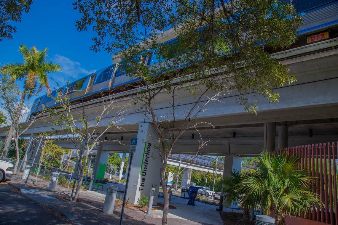 A shady new plaza for gatherings markets and guided meditation was built at the Vizcaya Metrorail Station as part of a new, two-mile section of The Underline urban trail and linear park that opens on April 24, 2024.