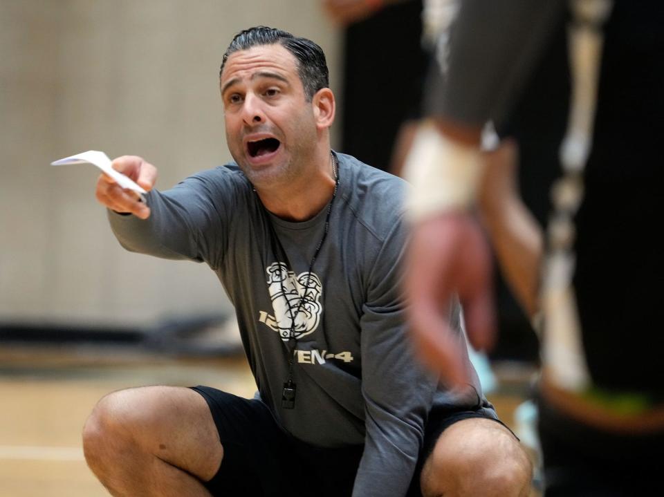 Bryant head basketball coach Jared Grasso at Wednesday's practice.