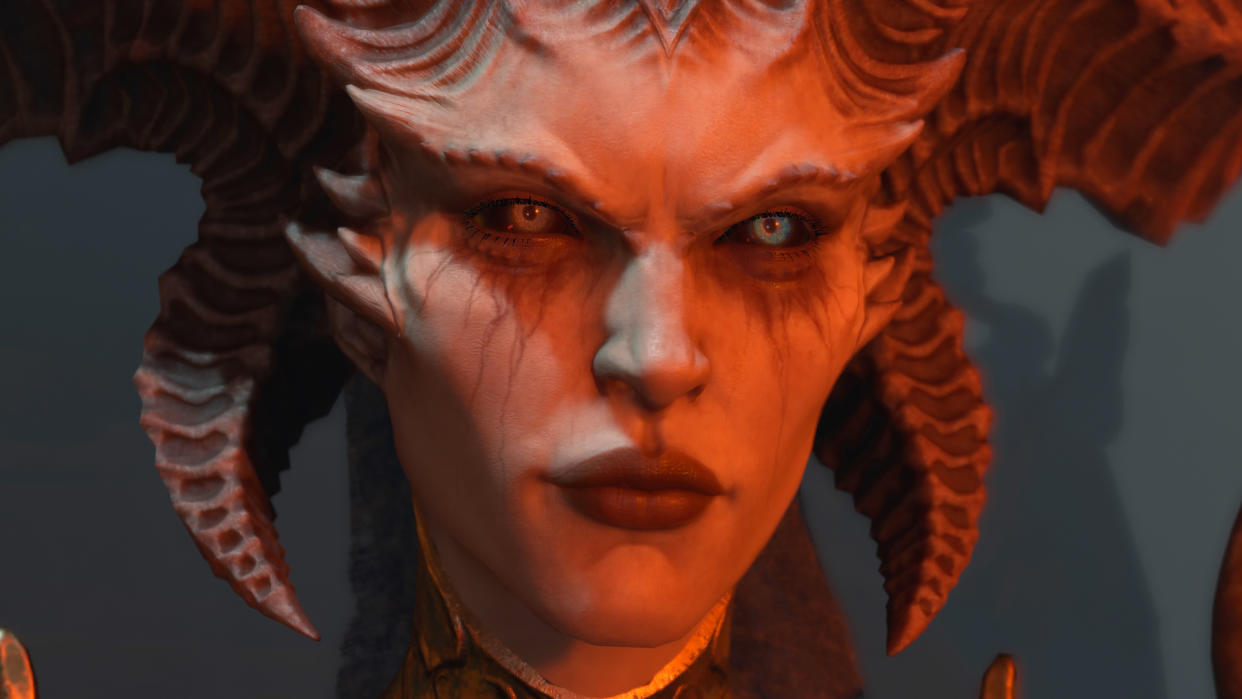  Diablo 4 character Lilith with a pleased look on her face. 