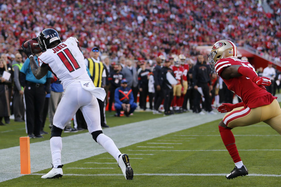 Atlanta Falcons wide receiver Julio Jones (11) catches a touchdown pass in front of San Francisco 49ers defensive back Emmanuel Moseley during the first half of an NFL football game in Santa Clara, Calif., Sunday, Dec. 15, 2019. (AP Photo/Josie Lepe)