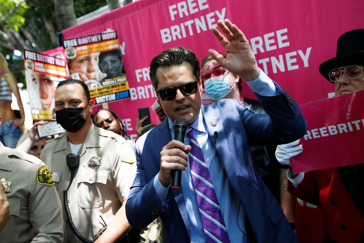 Rep. Matt Gaetz (R-FL) speaks during a protest in support of Britney Spears on the day of a conservatorship case hearing at Stanley Mosk Courthouse in Los Angeles on July 14, 2021. 