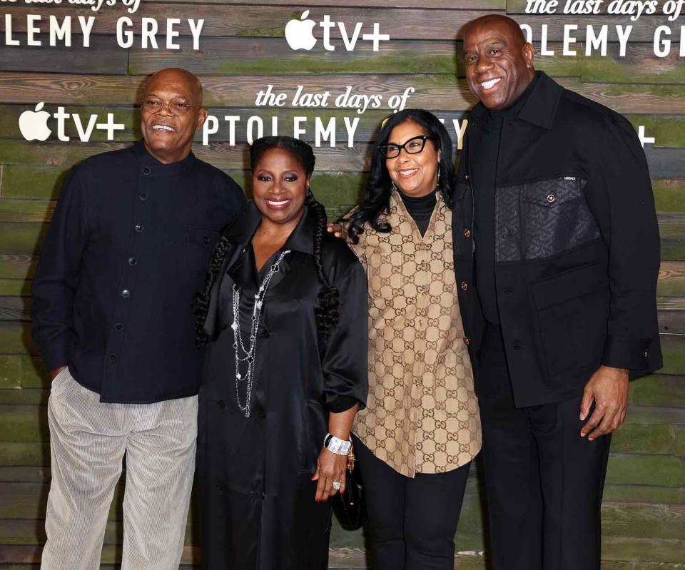 Samuel L. Jackson, LaTanya Richardson Jackson, Cookie Johnson and Magic Johnson attend the premiere of Apple TV+'s “The Last Days of Ptolemy Grey” at Regency Bruin Theatre on March 07, 2022 in Los Angeles, California