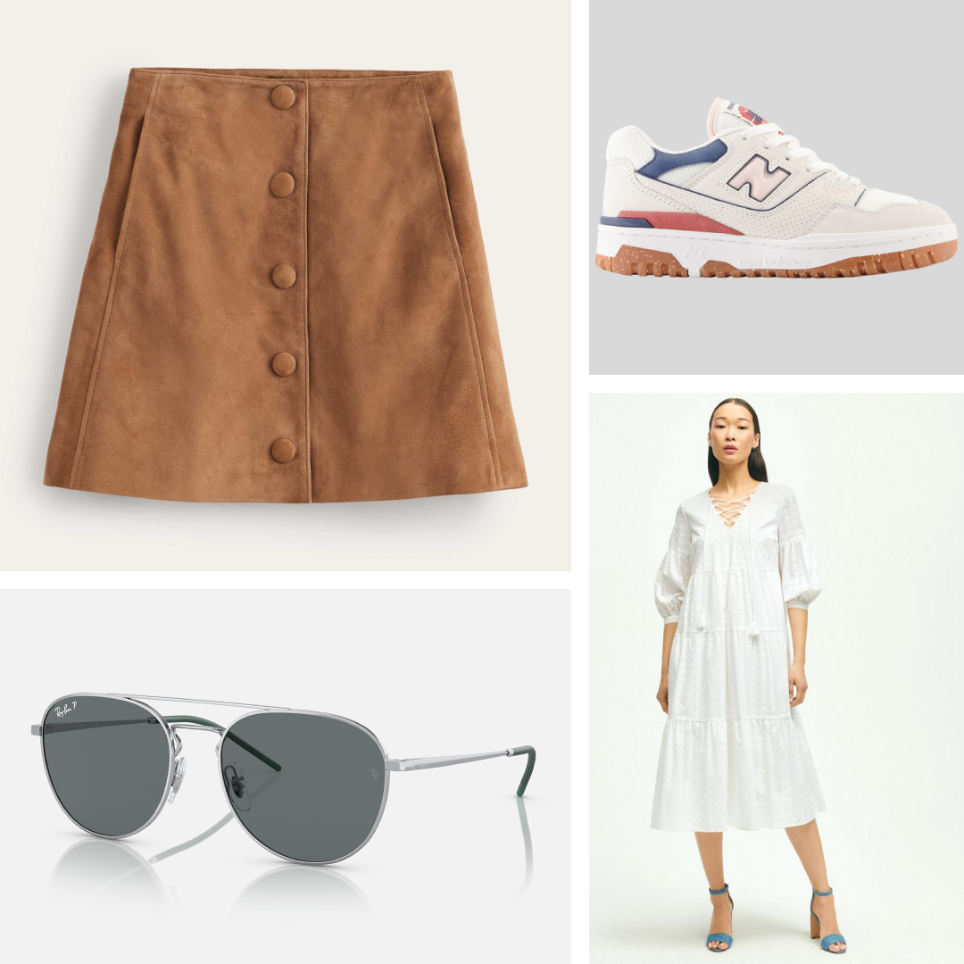  Collage of boden skirt, new balance sneakers, ray-ban sunglasses, brooks brothers dress, . 