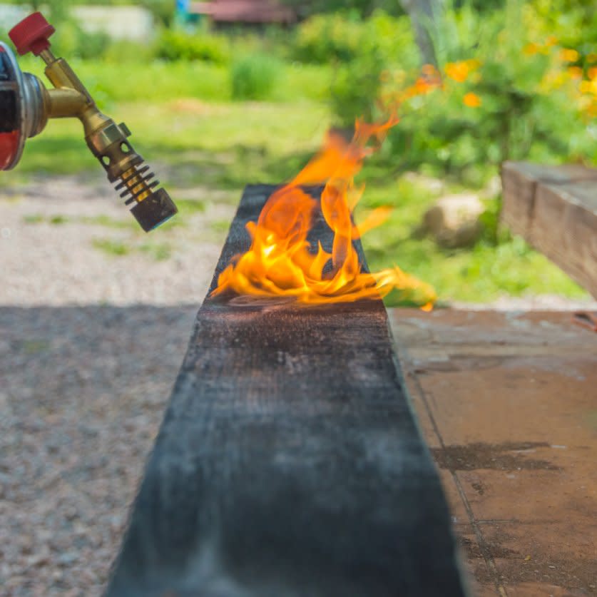  Burning raised bed lumber with a blowtorch. 