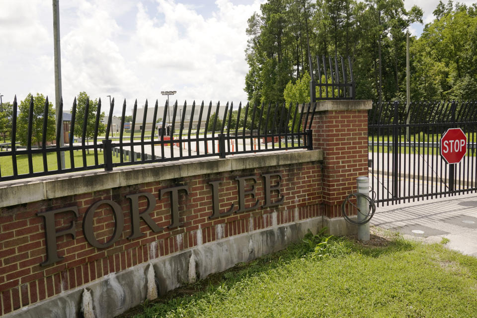 A sign marks one of the entrances of the U.S. Army base Fort Lee.