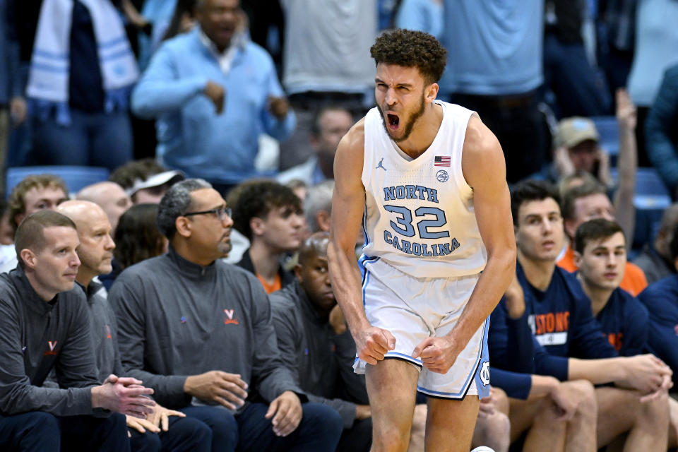 CHAPEL HILL, NORTH CAROLINA - FEBRUARY 25: Pete Nance #32 of the North Carolina Tar Heels reacts after making a three-point basket against the Virginia Cavaliers during the first half of their game at the Dean E. Smith Center on February 25, 2023 in Chapel Hill, North Carolina. (Photo by Grant Halverson/Getty Images)