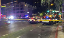 Las Vegas Police block off Las Vegas Boulevard South after a shooting in front of a federal courthouse during a Black Lives Matter protest in downtown Las Vegas Monday, June 1, 2020. (Christopher DeVargas/Las Vegas Sun via AP)