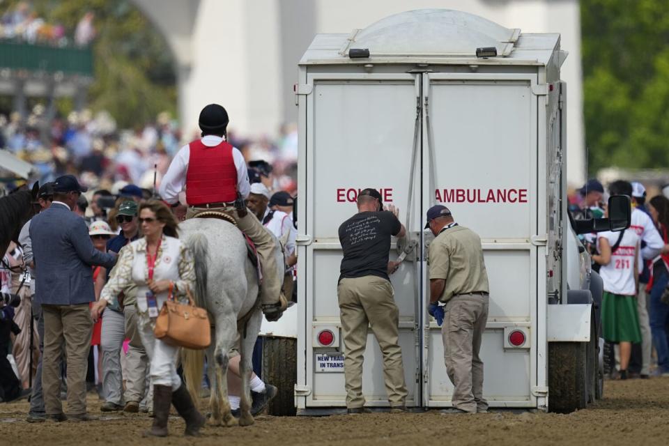 A horse is loaded into an equine ambulance at Churchill Downs on May 6.