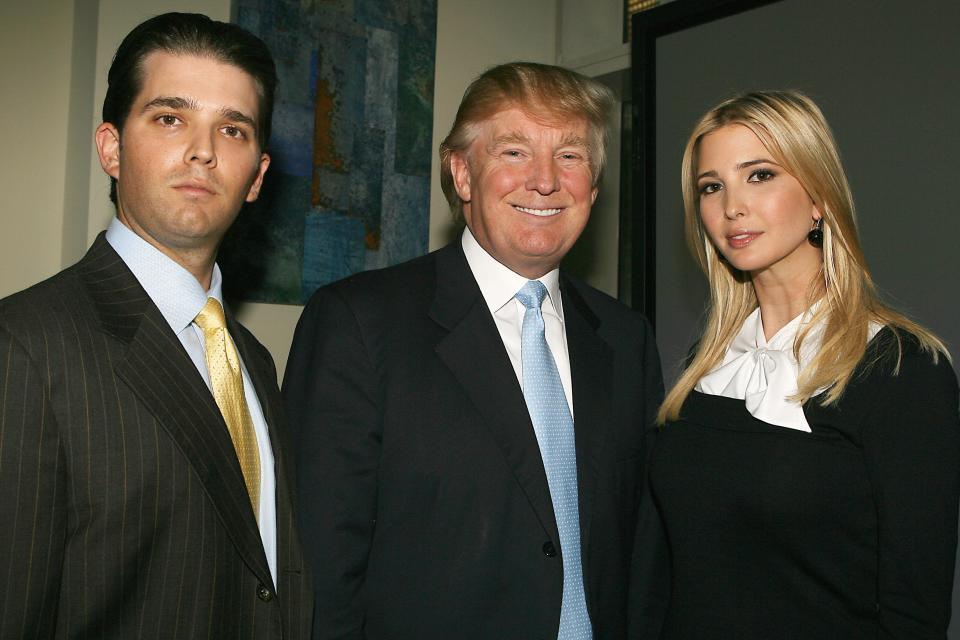 In this photo released by Trump Enterprises, members of the Trump family gather in New York City, Oct. 10, 2007 to announce plans for their next venture in luxury hospitality. Donald Trump Jr., Donald Trump, Sr., and Ivanka Trump.