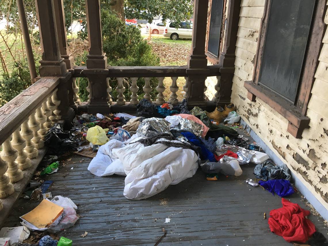 Garbage scattered on the front porch of the Andrews-Duncan House on North Blount Street in downtown Raleigh in 2019.