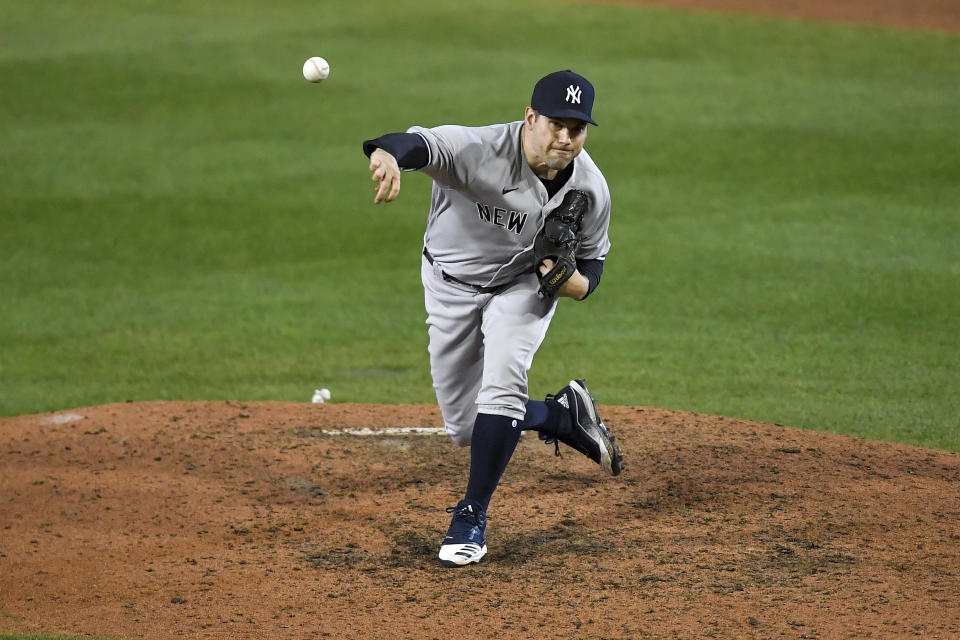 New York Yankees pitcher Adam Ottavino throws to a Toronto Blue Jays batter during the ninth inning of a baseball game in Buffalo, N.Y., Tuesday, Sept. 22, 2020. (AP Photo/Adrian Kraus)