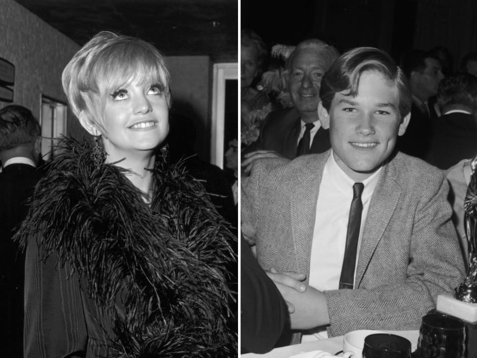 Goldie Hawn in 1968 and Kurt Russell in 1966.