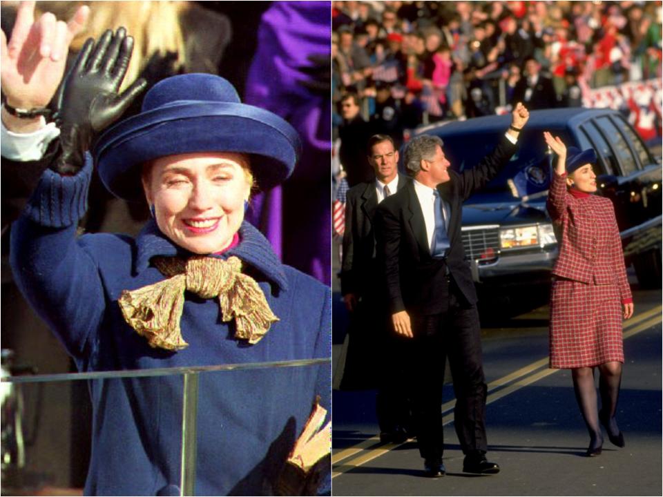 Side by side of Hillary in a velvet royal blue coat and hat with a pussybow collar next to her in a red checkered skirt suit with her husband walking and waving.