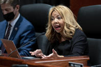 FILE - Rep. Lucy McBath, D-Ga.,speaks during a hearing Oct. 21, 2021, in Washington. In Georiga, at least one female incumbent will lose her bid for another term after Tuesday’s primary. McBath and Carolyn Bourdeaux both flipped longtime GOP-held districts in the Atlanta area in recent election cycles. But after Republicans who control the state Legislature redrew McBath’s district to favor Republicans, the two-term incumbent chose to take on the first-term Bourdeaux in a more Democrat-friendly district. (Greg Nash/Pool via AP, File)