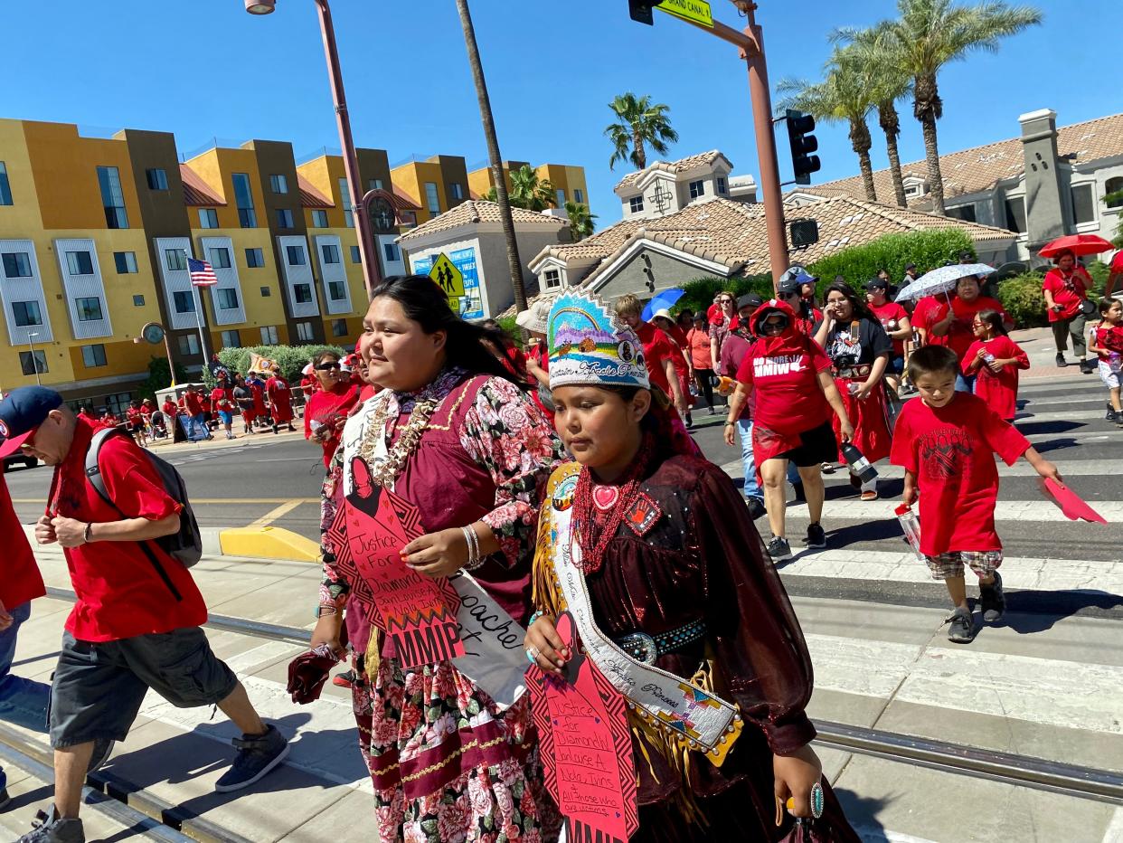 Shavaughn and Shatalya Titla drove in from Alchesay, Arizona, to attend the Walking for Our Relatives Walk-A-Thon honoring Missing and Murdered Indigenous People at the Phoenix Indian Center, April 29, 2023.