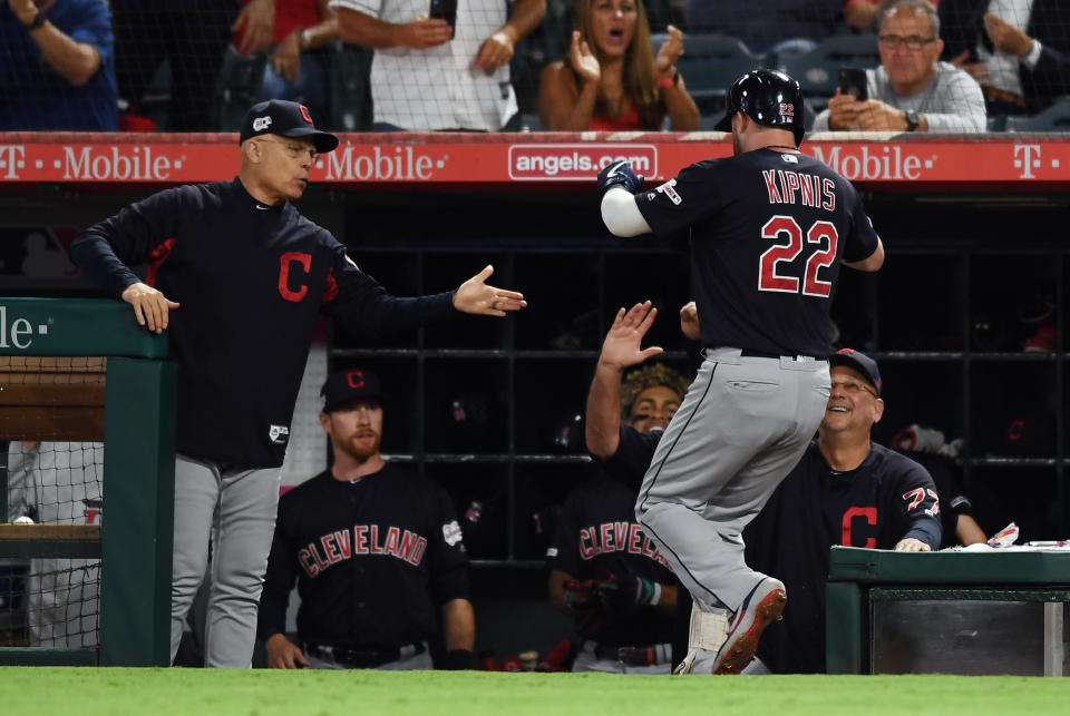 ANAHEIM, CA - SEPTEMBER 09: Cleveland Indians second baseman Jason Kipnis (22) is greeted at the dugout after Kipnis hit a two run home run in the second inning of a game against the Los Angeles Angels played on September 9, 2019 at Angel Stadium of Anaheim in Anaheim, CA. (Photo by John Cordes/Icon Sportswire via Getty Images)