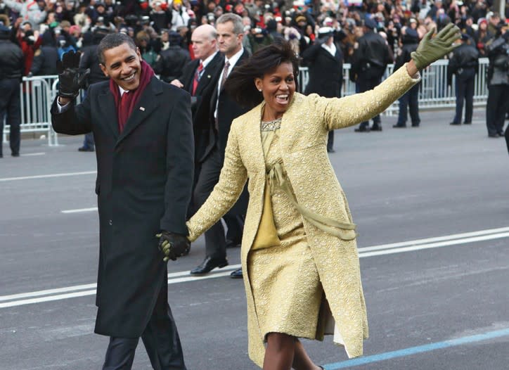 Michelle Obama wearing Isabel Toledo, with her husband President Obama. - Credit: AP Photo/Charles Dharapak