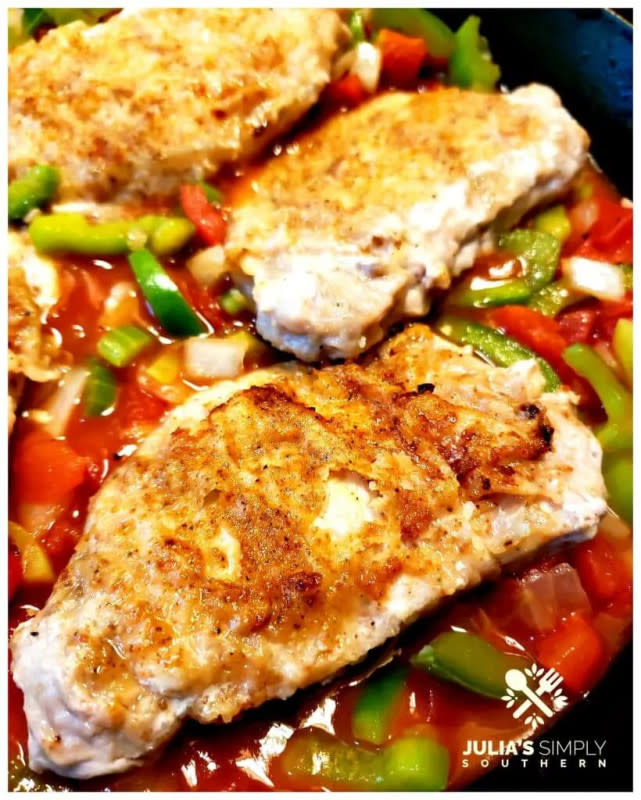 <p>Julia's Simply Southern</p><p>Creole pork chops smothered in zesty seasoned vegetables and served over rice for a flavorful meal the whole family will love.</p><p><strong>Get the recipe: <a href="https://juliassimplysouthern.com/2020/07/creole-pork-chops-recipe.html" rel="nofollow noopener" target="_blank" data-ylk="slk:Creole Pork Chops;elm:context_link;itc:0;sec:content-canvas" class="link ">Creole Pork Chops</a></strong></p>