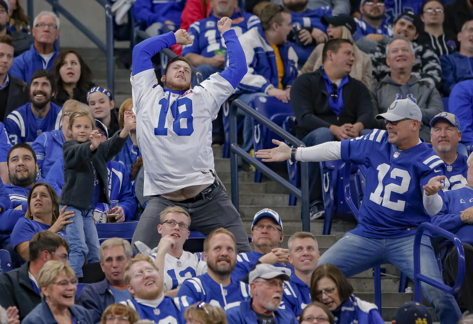 INDIANAPOLIS, IN - OCTOBER 21: Indianapolis Colts fans dance during the game against the Buffalo Bills at Lucas Oil Stadium on October 21, 2018 in Indianapolis, Indiana. (Photo by Michael Hickey/Getty Images)