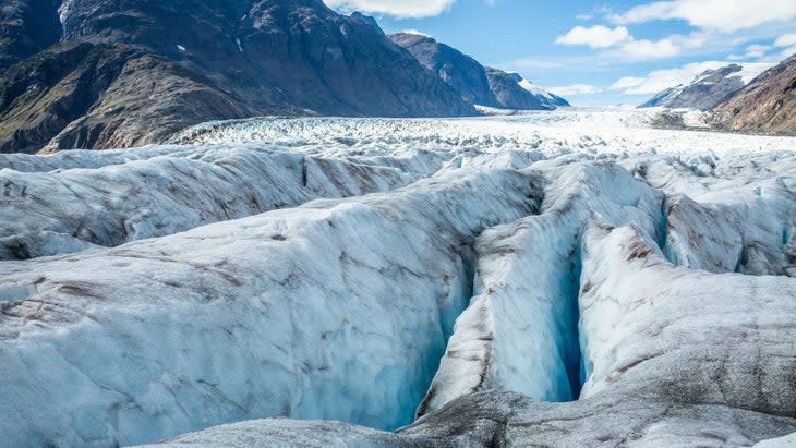 <span class="article__caption">The Salmon Glacier outside of Hyder, Alaska demonstrates how crevasses can eventually lead to a complicated pattern. Travel up this glacier is very slow and dangerous due to the many crevasses on the surface. Photo: DCrane08/Getty Images</span>