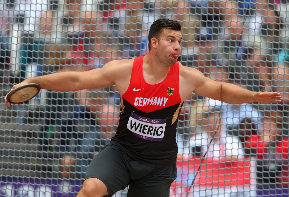 LONDON, ENGLAND - AUGUST 06: Martin Wierig of Germany competes in the Men's Discus Throw qualification on Day 10 of the London 2012 Olympic Games at the Olympic Stadium on August 6, 2012 in London, England. (Photo by Alexander Hassenstein/Getty Images)