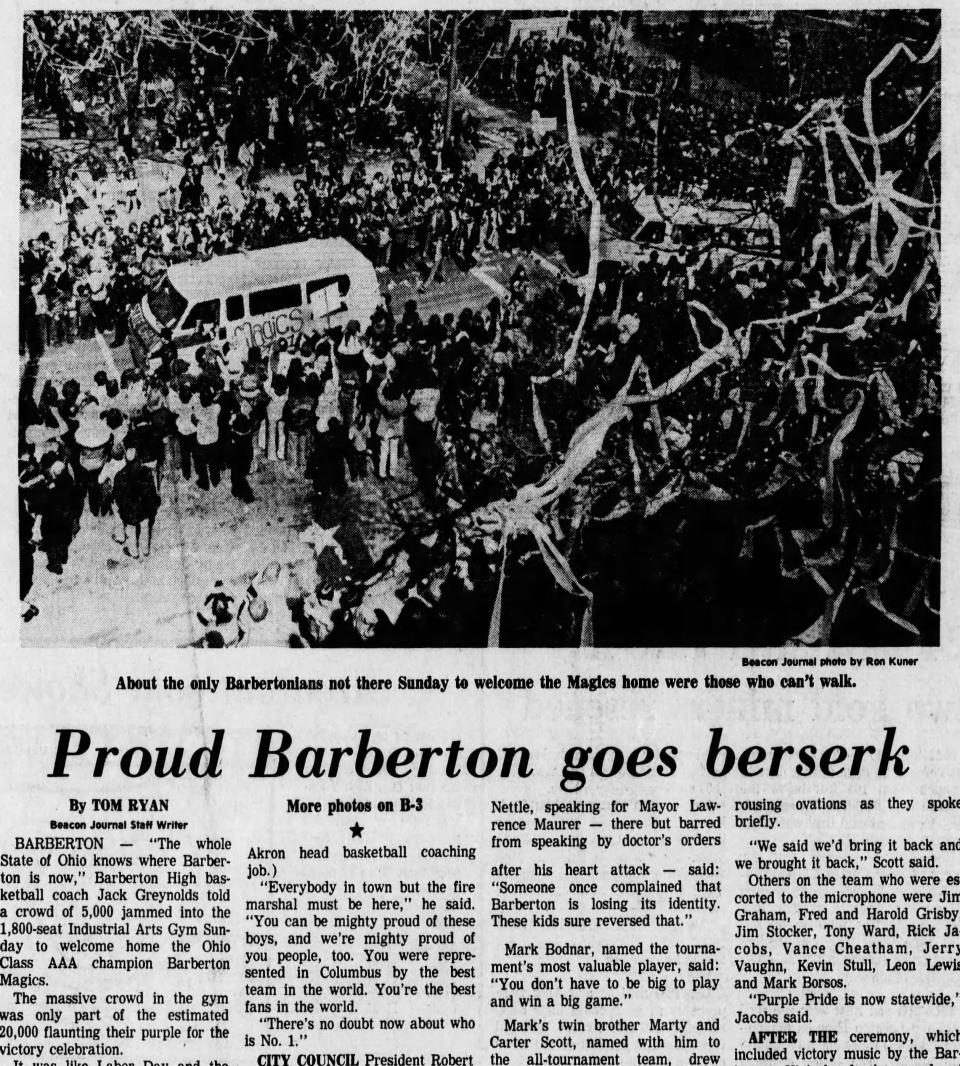 An Akron Beacon Journal front-page story and photograph capturing Barberton's celebration on March 28, 1976, a day after the Magics won the Class AAA state title in boys basketball. The photographer was Ron Kuner.