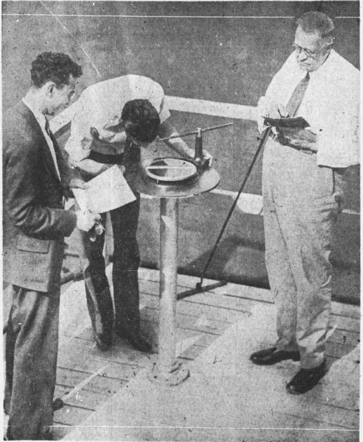 Members of the Weather Bureau prepare equipment to document the 1932 solar eclipse.