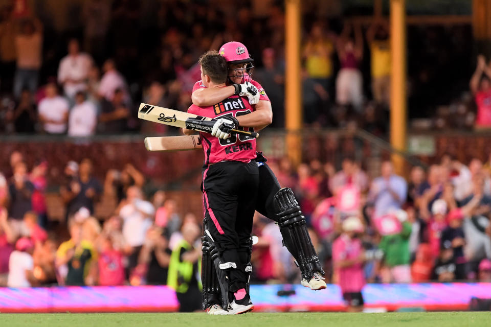 Hayden Kerr (pictured) celebrates after scoring the winning runs during the Big Bash League Challenger.