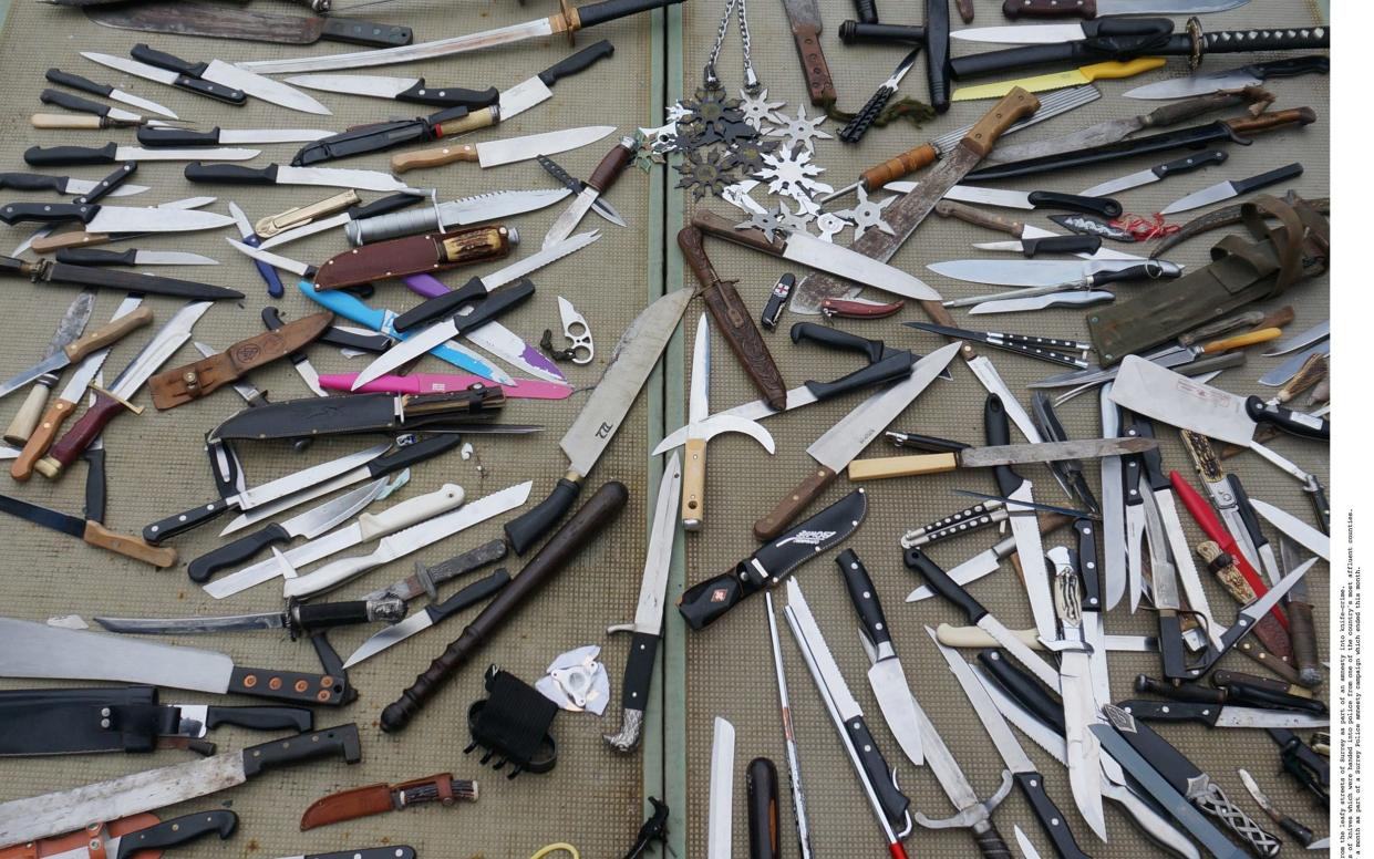 This array of dangerous-looking weapons was handed in from the leafy streets of Surrey as part of an amnesty into knife-crime - ©2017 INS Picture Desk/INS News Agency Ltd