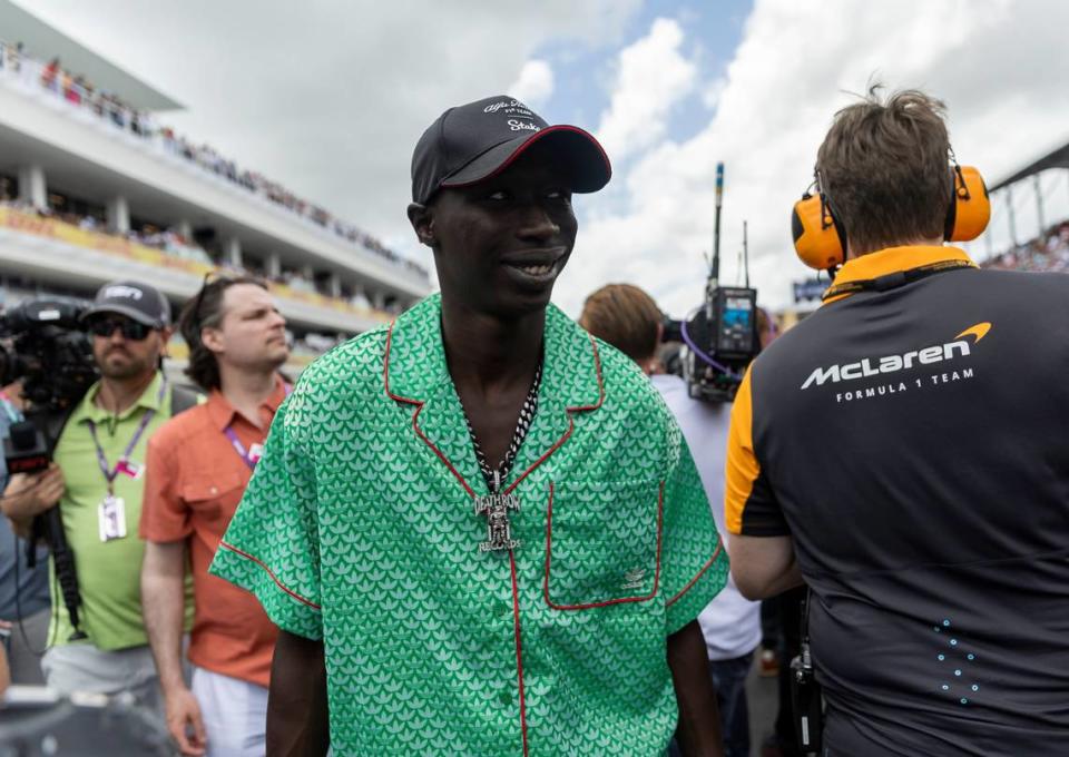 Khabane “Khaby” Lame is seen at the grid before the start of the Formula One Miami Grand Prix at the Miami International Autodrome on Sunday, May 7, 2023, in Miami Gardens, Fla.