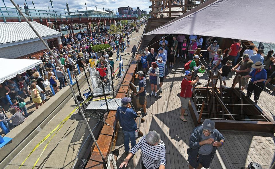 On Aug. 24, 2019, there was a two-hour wait to tour the tall ship Santa Maria, shown here, during the Tall Ships Erie 2019 festival, held around Dobbins Landing on Presque Isle bay in Erie.