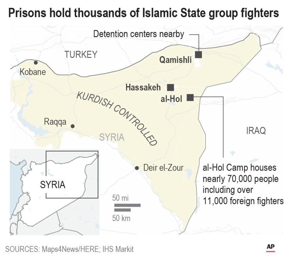 Kurdish-run prisons hold thousands of Islamic State group fighters;