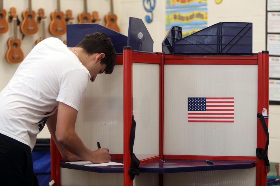 This 2019 file photos shows first-time voter Mike Napoli, 18, casting his vote on the school budget and board candidates at Alice E. Grady Elementary School in Elmsford on May 21, 2019.
