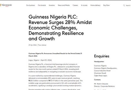 <span>A screenshot of the Guinness Nigeria press statement, taken on June 13, 2024</span>