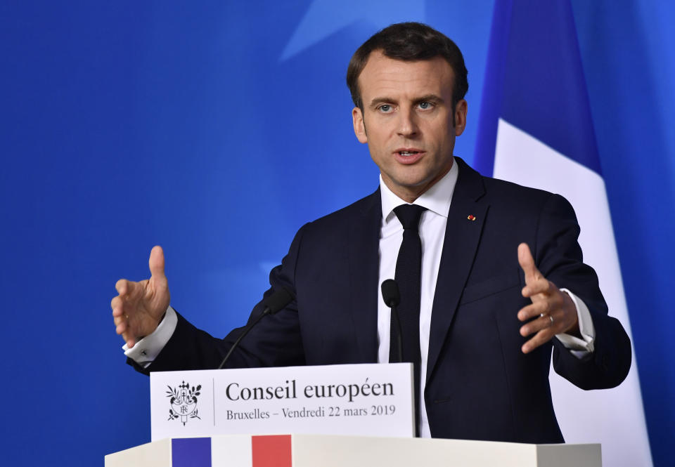 French President Emmanuel Macron speaks during a media conference at the conclusion of an EU summit in Brussels, Friday, March 22, 2019. European Union leaders gathered again Friday after deciding that the political crisis in Britain over Brexit poses too great a threat and that action is needed to protect the smooth running of the world's biggest trading bloc. (AP Photo/Geert Vanden Wijngaert)