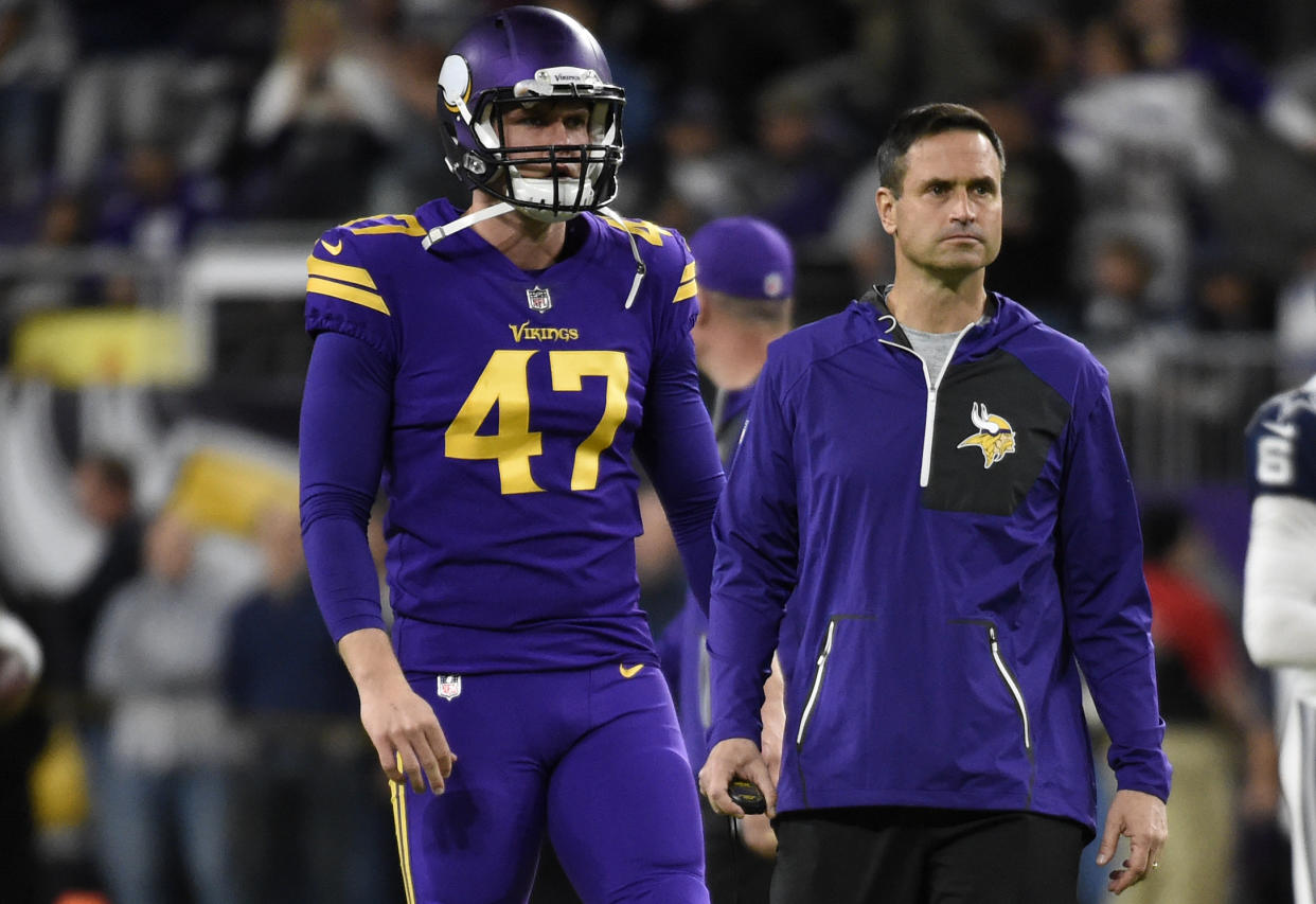 Vikings long snapper Kevin McDermott lost part of his pinky finger on Thursday night during their game against the Rams. (Getty Images)