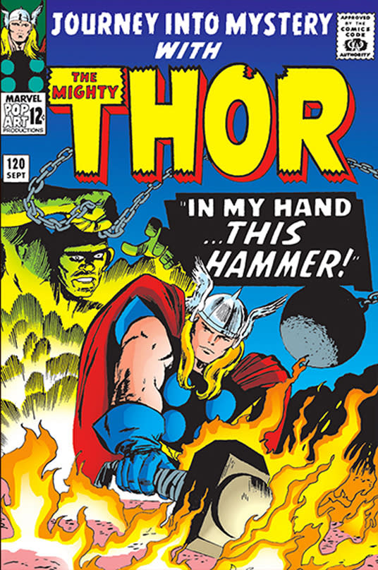 This comic book cover image released by Marvel Entertainment shows a 1960's "Journey Into Mystery With the Mighty Thor," v1 #120. The publisher of Marvel Comics is focusing on its panoply of characters, enlisting writers, artists, editors and historians to build a sprawling digital and interactive timeline that showcases the famous, the infamous and the obscure heroes, and villains. The endeavor is part of Marvel’s celebration of its 75th anniversary to make people aware of more than marquee names like Captain America or Spider-Man, and to appeal to site visitors coming from the cinema or cataloging a comic collection in the basement. (AP Photo/Marvel Entertainment)