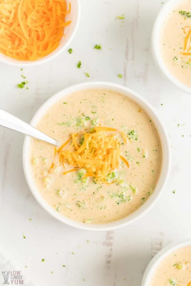 <p><a href="https://lowcarbyum.com/low-carb-broccoli-cheese-soup/" rel="nofollow noopener" target="_blank" data-ylk="slk:Low Carb Yum;elm:context_link;itc:0;sec:content-canvas" class="link ">Low Carb Yum</a></p><p>A blend of broccoli and cheddar cheese that's rich and creamy. It's a heartwarming soup that is sure to become a favorite in fall and winter.</p><p><strong>Get the recipe: <a href="https://lowcarbyum.com/low-carb-broccoli-cheese-soup/" rel="nofollow noopener" target="_blank" data-ylk="slk:Creamy Keto Broccoli Cheese Soup;elm:context_link;itc:0;sec:content-canvas" class="link ">Creamy Keto Broccoli Cheese Soup</a></strong></p>