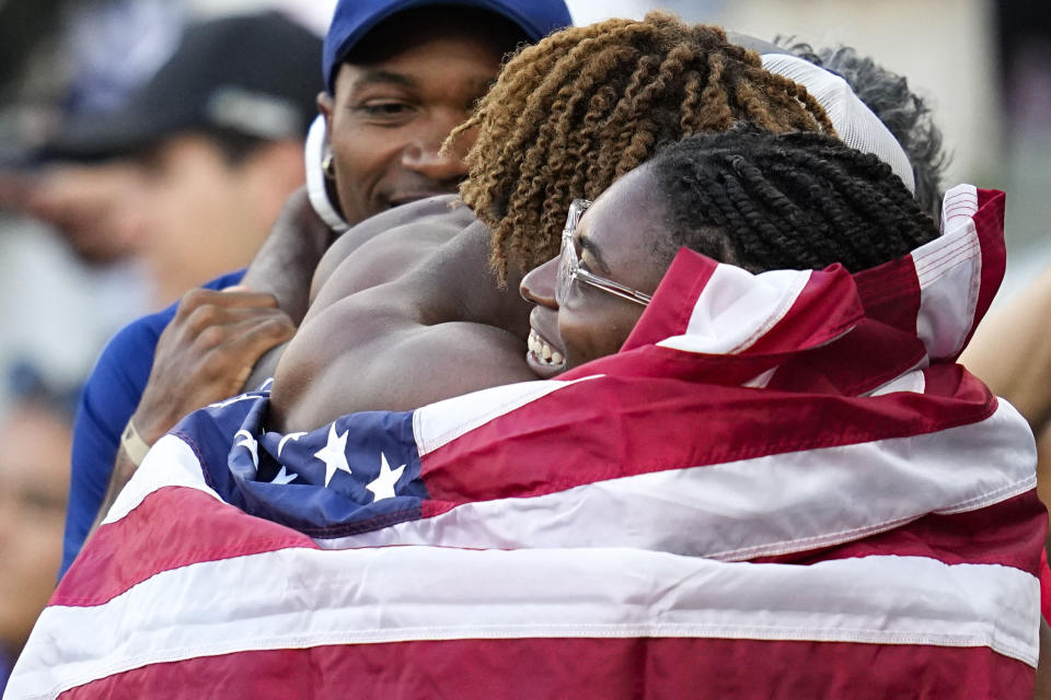 Noah Lyles, of the United States, greets fans after winning a final in the men's 200-meter run at the World Athletics Championships on Thursday, July 21, 2022, in Eugene, Ore. (AP Photo/Ashley Landis)