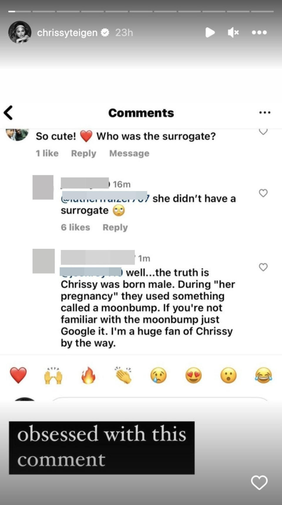A screenshot of Chrissy's comment