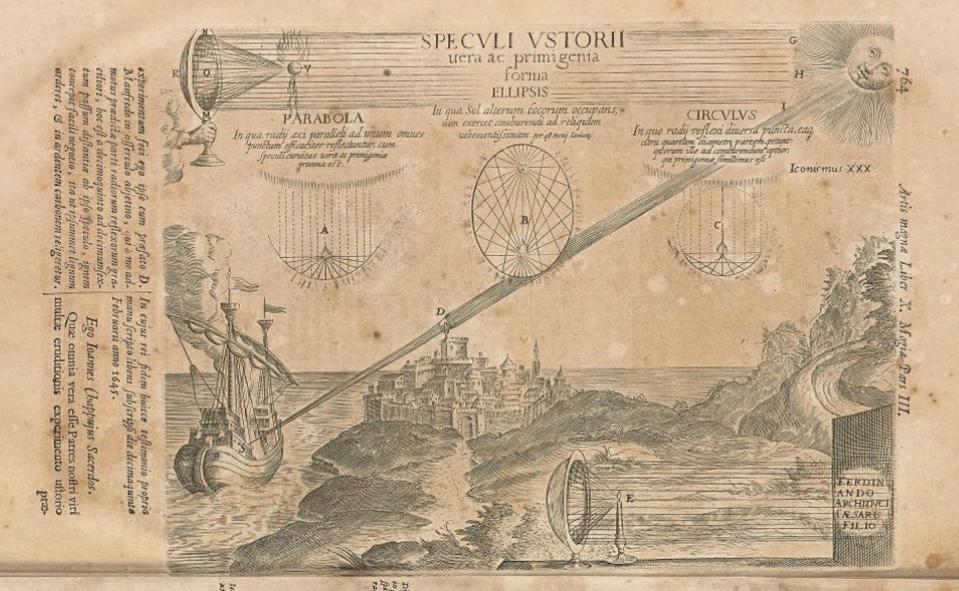 Ilustración de cómo Arquímedes de Siracusa utilizó la luz solar para quemar barcos enemigos en <em>Ars Magna Lucis et Umbrae</em> de Athanasius Kircher, 1 de enero de 1646. <a href="https://commons.wikimedia.org/wiki/File:How_Archimedes_of_Syracuse_used_sunlight_to_burn_enemy_ships,_from_%E2%80%9CArs_Magna_Lucis_et_Umbrae%E2%80%9D_11.jpg" rel="nofollow noopener" target="_blank" data-ylk="slk:Wikimedia Commons;elm:context_link;itc:0;sec:content-canvas" class="link ">Wikimedia Commons</a>