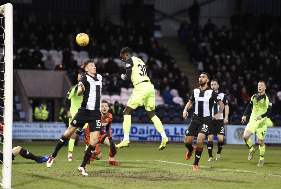 Celtic's Timothy Weah scores his side's first goal of the game during the Scottish Premier League soccer match against St Mirren Wednesday April 3, 2019. American forward Tim Weah scored in his first start in two months, helping Celtic win 2-0 at St. Mirren in the Scottish Premier League. (Ian Rutherford/PA via AP)
