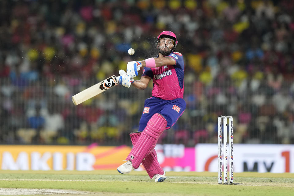 Rajasthan Royals' Dhruv Jurel is hit by the ball on his throat as he bats during the Indian Premier League second qualifier cricket match between Rajasthan Royals and Sunrisers Hyderabad in Chennai, India, Friday, May 24, 2024. (AP Photo /Mahesh Kumar A.)