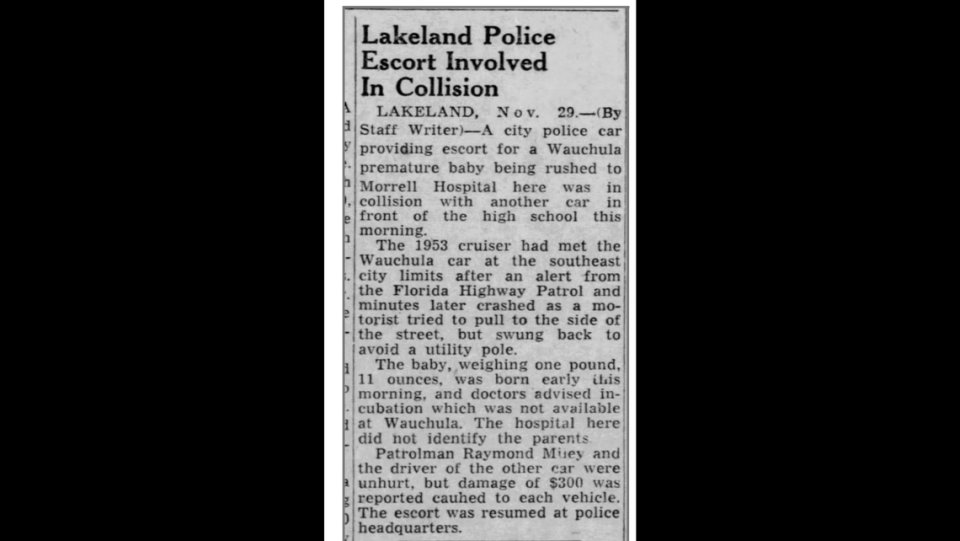 Un artículo sobre el accidente de la escolta que llevó a 'Penny' a Lakeland.