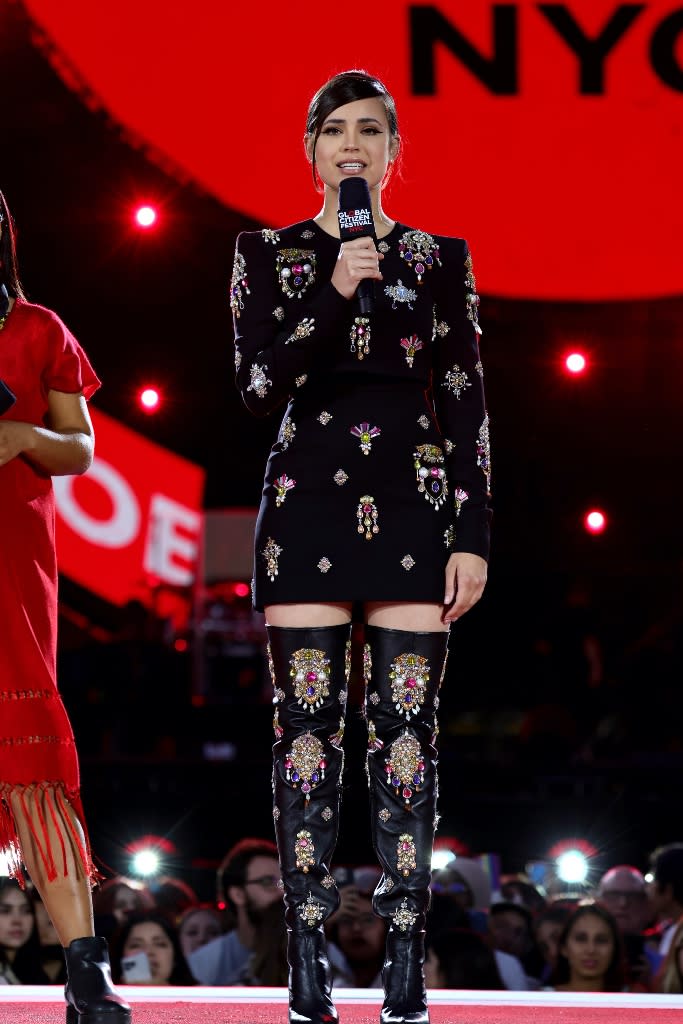 Sofia Carson speaks onstage with Mitzy Violeta Cortés at the 2022 Global Citizen Festival in Central Park in New York City on Sept. 24, 2022 in New York City. - Credit: Theo Wargo/Getty Images