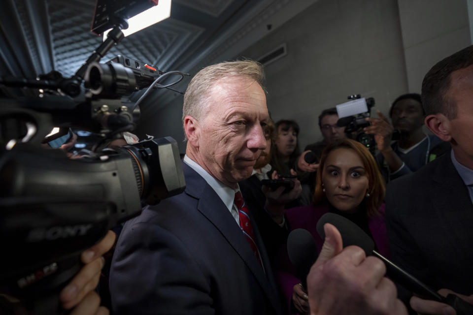 Rep. Kevin Hern, R-Okla., departs as Republicans meet to decide who to nominate to be the new House speaker, on Capitol Hill in Washington, Tuesday, Oct. 24, 2023. (AP Photo/Alex Brandon)