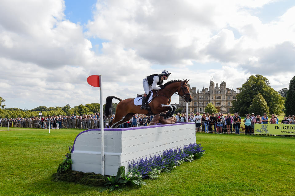 Harry Mutch riding Shanbeg Cooley for GBR during the cross country phase at the Defender Burghley Horse Trials, in the parkland of Burghley House.