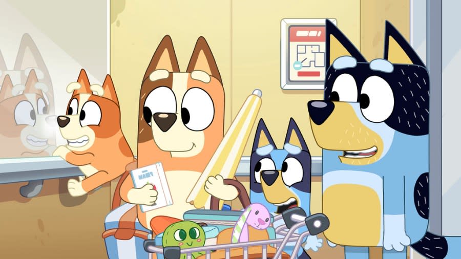 This image released by Disney+ shows a scene from the television series “Bluey.” (Disney+ via AP)