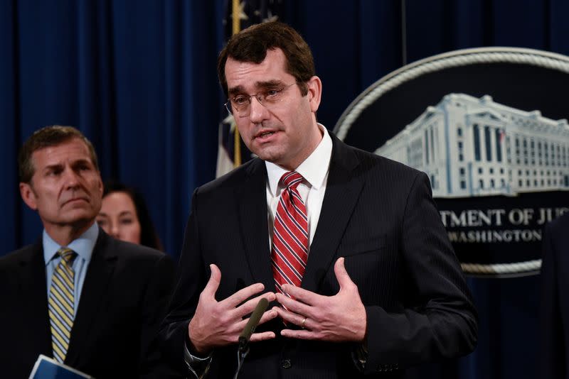 FILE PHOTO: Kansas Attorney General Derek Schmidt speaks during a news conference at the Department of Justice in Washington