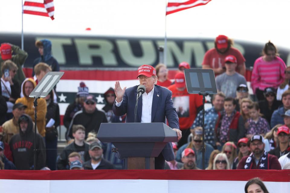 PHOTO: Republican presidential candidate former President Donald Trump  speaks to supporters during a rally at the Dayton International Airport, March 16, 2024, in Vandalia, Ohio. (Scott Olson/Getty Images)